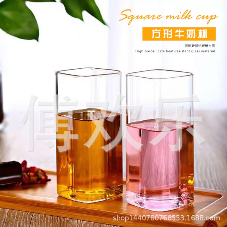 单层创意玻璃方形牛奶杯 耐高温直管玻璃水杯 果汁牛奶早餐杯